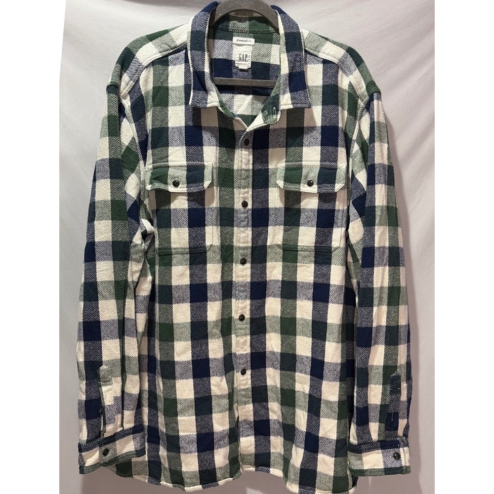 Gap Mens 3XL Flannel Overshirt Green Navy Plaid Button Down 864645-04